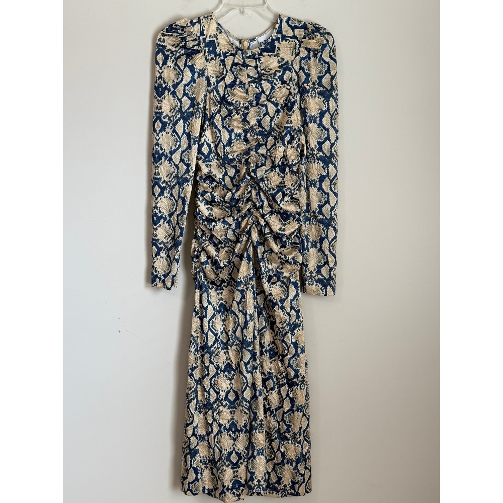NWT Ganni Midi Dress Womens 6 Blue Tan Snakeskin Ruched Puff Sleeve - Picture 2 of 15